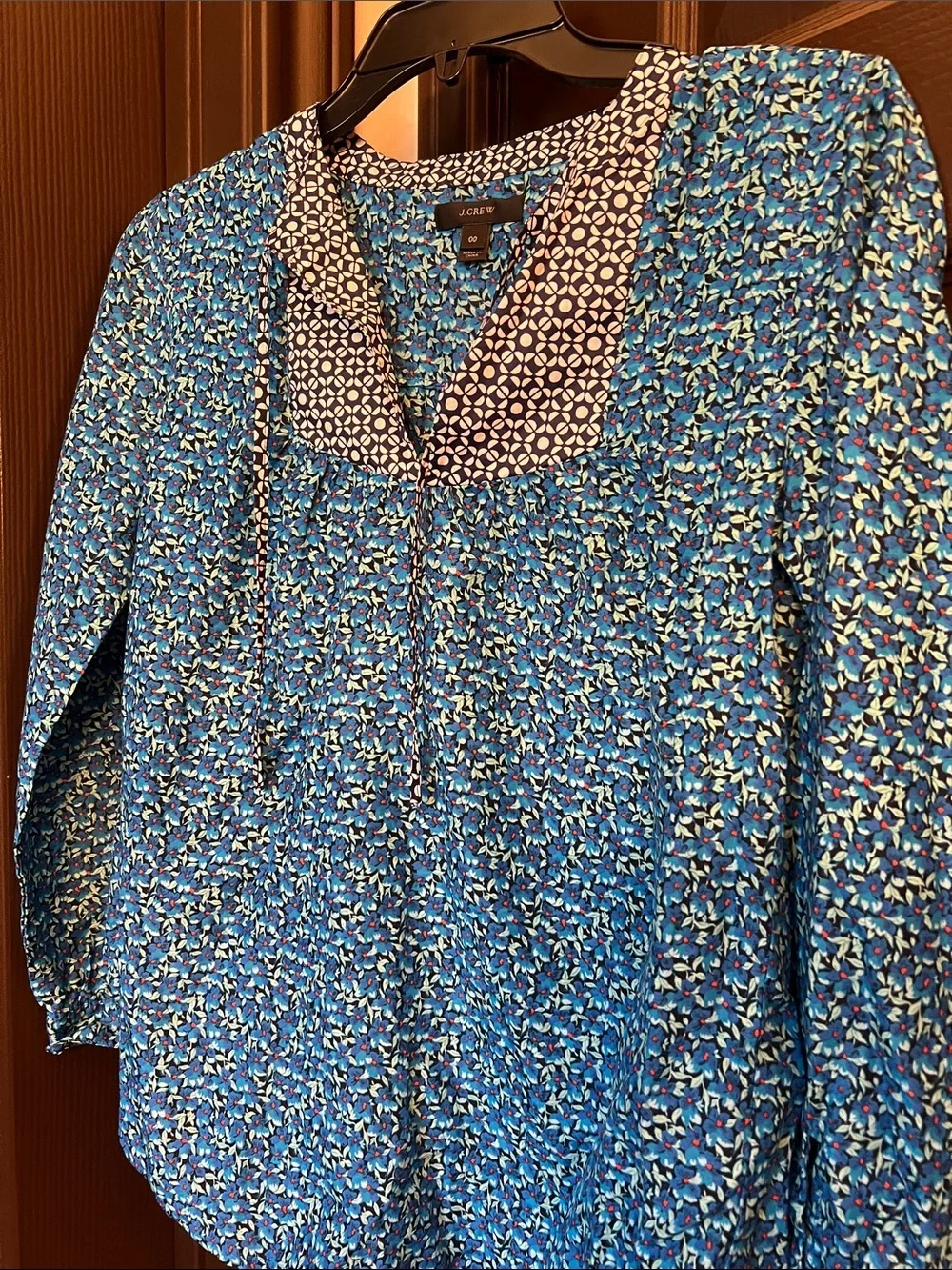 J. Crew Blue Patterned V-Neck Peasant Blouse